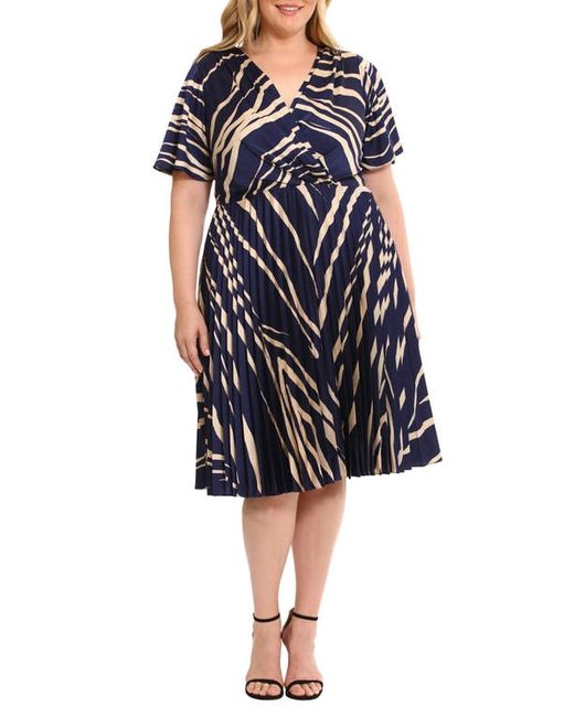 Maggy London Abstract Print Wrap Front Pleated Dress in Royal Navy/Bone at 14W