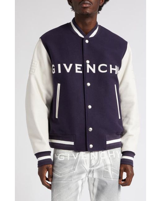 Givenchy Embroidered Logo Mixed Media Leather Wool Blend Varsity Jacket in Navy/White at 36 Us