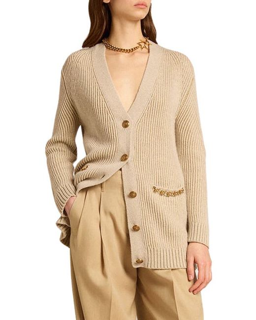 Golden Goose Chain Detail Wool Blend Rib Cardigan in Lambs Wool/Gold at X-Small