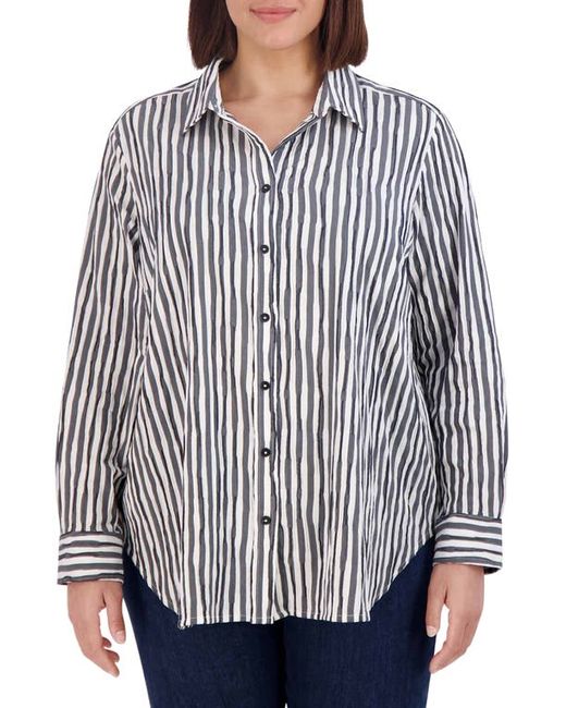 Foxcroft Stripe Crinkle Cotton Blend Button-Up Shirt in at 1X