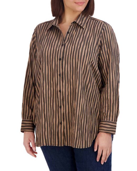 Foxcroft Stripe Crinkle Cotton Blend Button-Up Shirt in Almond at 1X