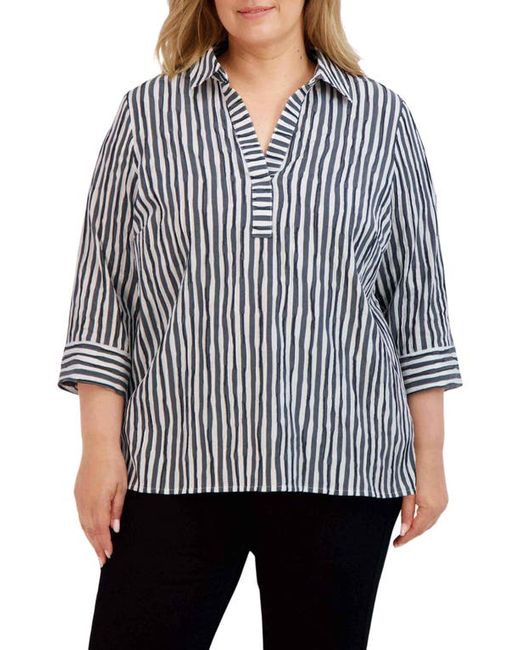 Foxcroft Sophie Crinkled Stripe Cotton Blend Button-Up Shirt in at 1X
