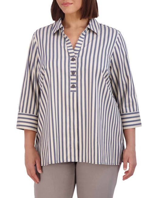 Foxcroft Andie Stripe Cotton Blend Tunic Top in Navy/Neutral at 1X