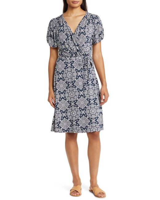 Loveappella Short Sleeve Faux Wrap Dress in Navy/Ivory at X-Small
