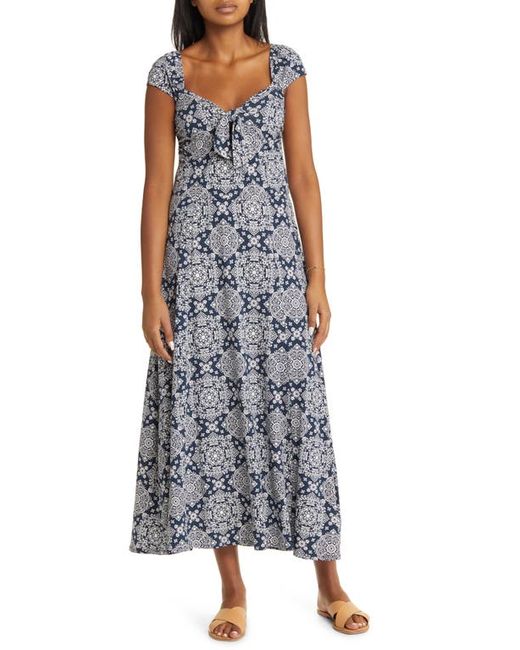 Loveappella Tie Front Cap Sleeve A-Line Midi Dress in Navy/Ivory at X-Small