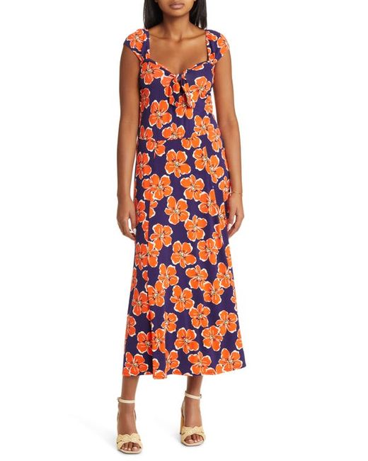 Loveappella Tropical Floral Print Midi Dress in Navy/Coral at X-Small