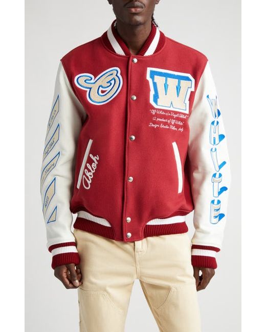 Off-White Onthego Leather Wool Blend Varsity Jacket in at 36 Us