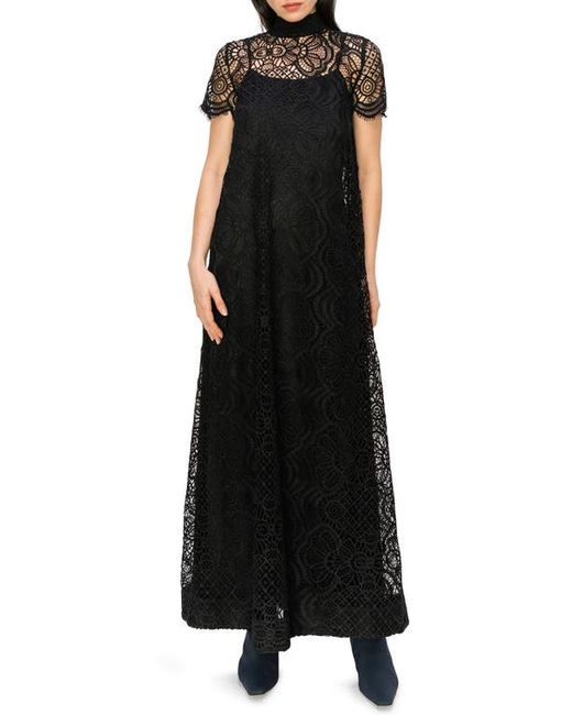 Melloday Mock Neck Lace Overlay Maxi Dress in at X-Small