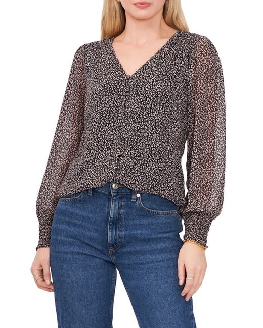 Chaus Balloon Sleeve Chiffon Button-Up Top in Black/Taupe at X-Small