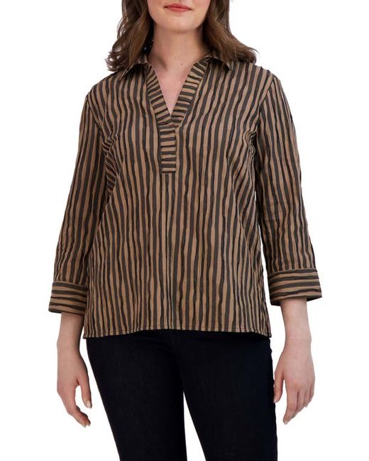 Foxcroft Sophie Crinkle Stripe Cotton Blend Popover Shirt in Almond at X-Small