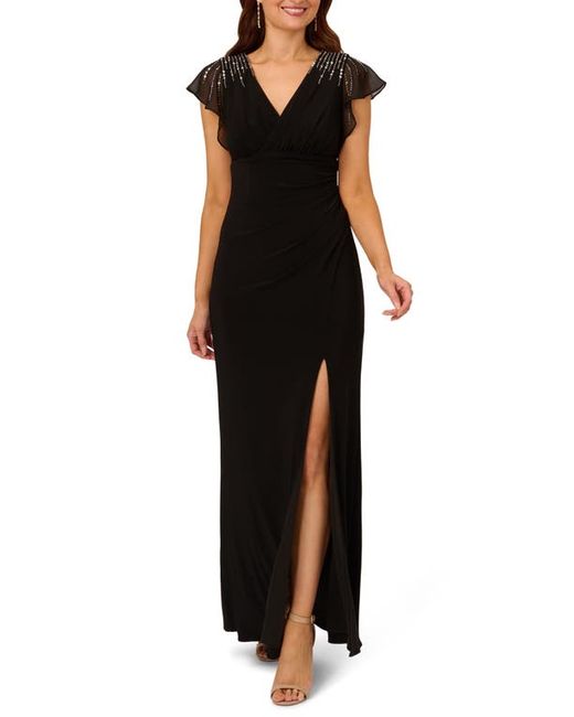 Adrianna Papell Beaded Jersey Chiffon Faux Wrap Gown in at 2