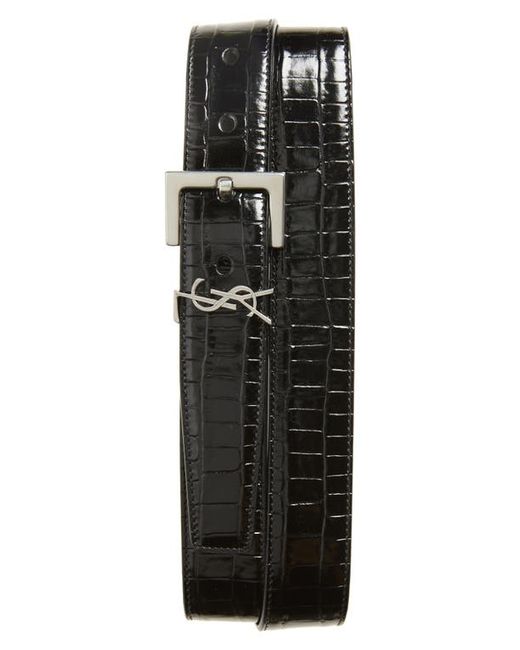 Saint Laurent Monogram Croc Embossed Leather Belt in at