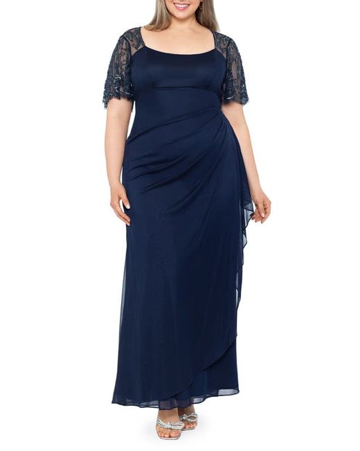 Xscape Beaded Short Sleeve Ruched Gown in at 14W