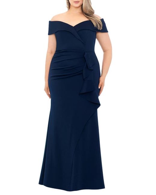 Xscape Off the Shoulder Ruffle Scuba Gown in at 14W