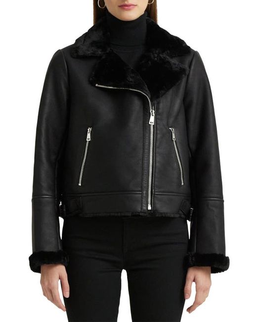 Lauren Ralph Lauren Nappa Faux Leather Moto Jacket with Shearling Lining in at X-Small