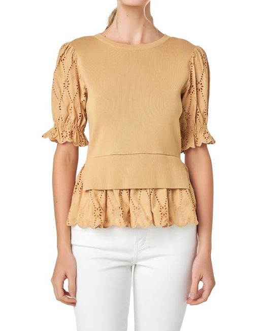 English Factory Mixed Media Eyelet Puff Sleeve Peplum Top in at