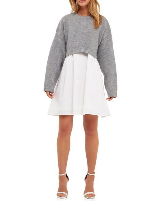 English Factory Sweater with Poplin Minidress in Heather Grey/White at X-Small
