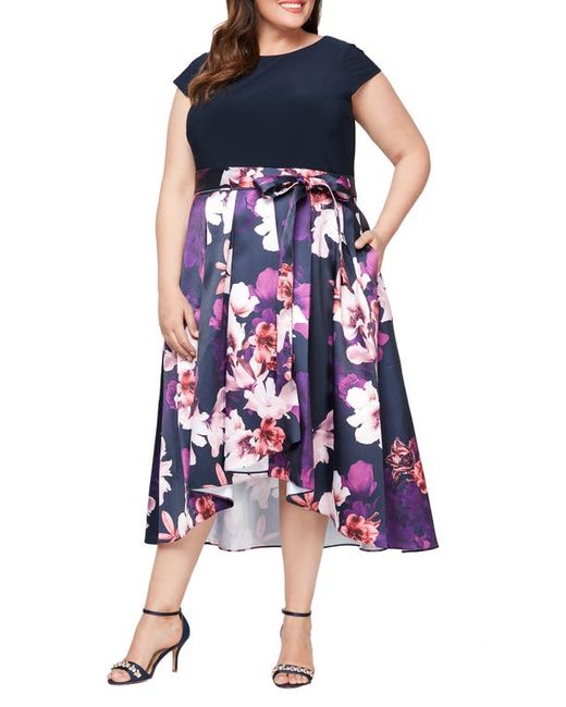 Sl Fashions Floral Tie Belt High-Low Cocktail Dress in at 14W