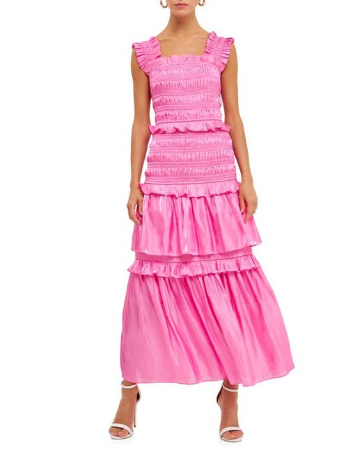 Endless Rose Sheer Smocked Tiered Maxi Dress in at X-Small