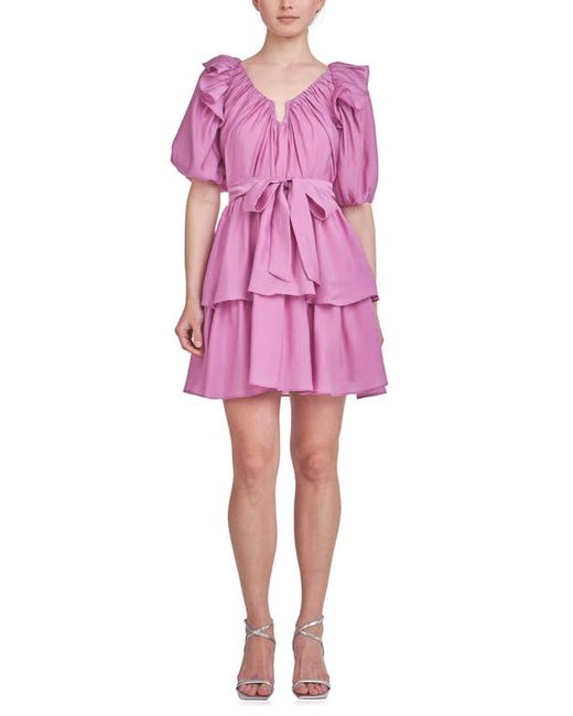 Endless Rose Ruffle Tie Waist Puff Sleeve Tiered Minidress in at X-Small