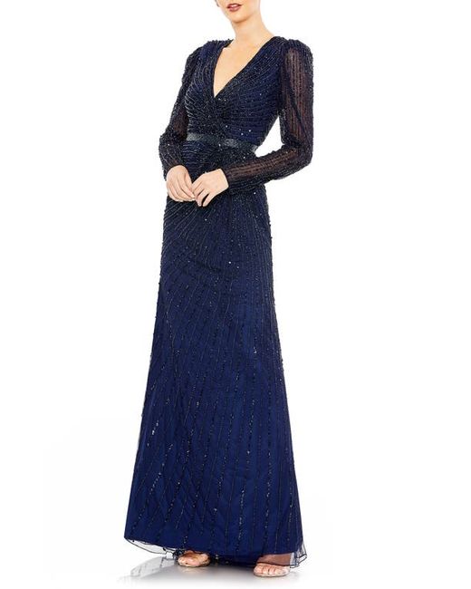 Mac Duggal Sequin Long Sleeve Faux Wrap Gown in at 4