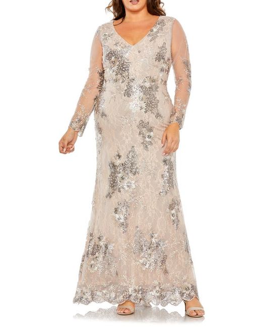 Fabulouss By Mac Duggal Sequin Embroidered Illusion Long Sleeve Gown in at 14W