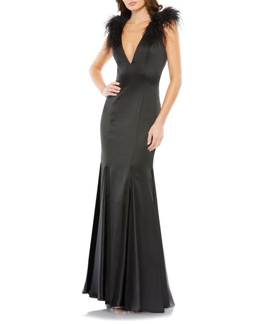 Mac Duggal Feather Detail Satin Sheath Gown in at 4