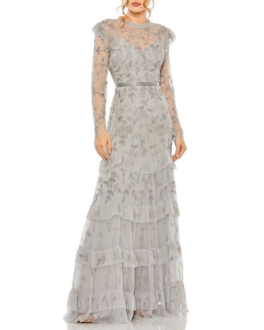 Mac Duggal Beaded Appliqué Long Sleeve Tiered Gown in at 4
