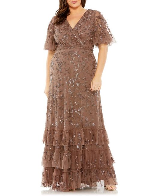Fabulouss By Mac Duggal Sequin Floral Flutter Sleeve Gown in at 14W