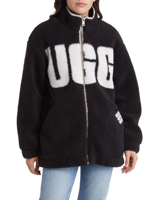 uggr UGGr Raquelle Logo High-Pile Fleece Jacket in Black Cream at Small Regular