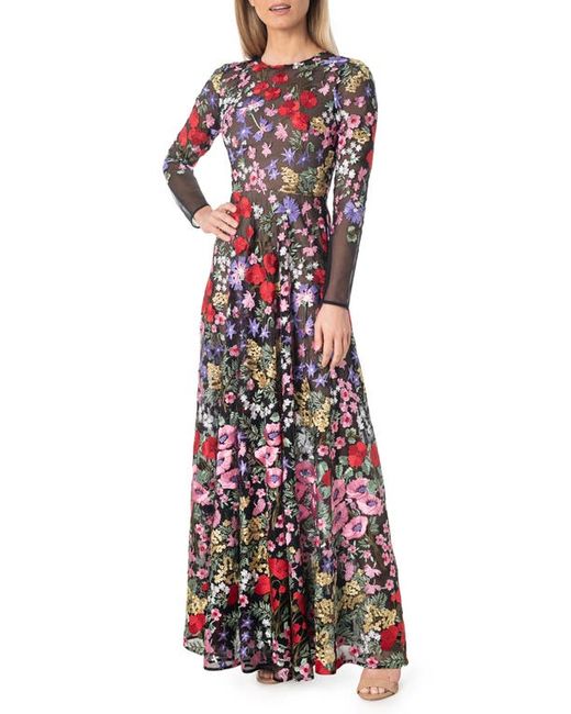 Dress the population Ava Floral Embroidered Long Sleeve Gown in at Medium