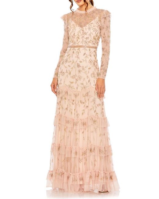 Mac Duggal Floral Beaded Appliqué Long Sleeve Tiered Gown in at 4