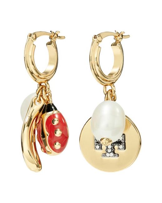 Tory Burch Mismatched Imitation Pearl Hoop Earrings in Tory Gold Cream Crystal at