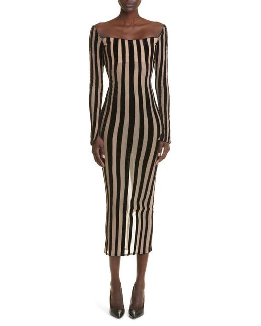 Laquan Smith Stripe Semisheer Long Sleeve Midi Dress in Black at X-Small