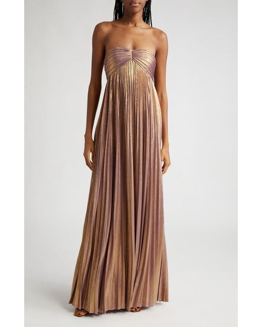 Retrofête Lyanna Metallic Pleated Strapless Gown in Gold at
