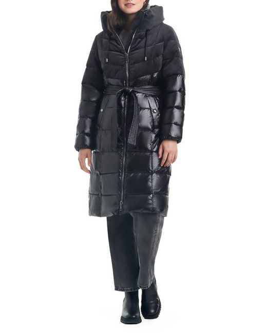 Vince Camuto Belted Mixed Media Hooded Puffer Coat in at X-Small