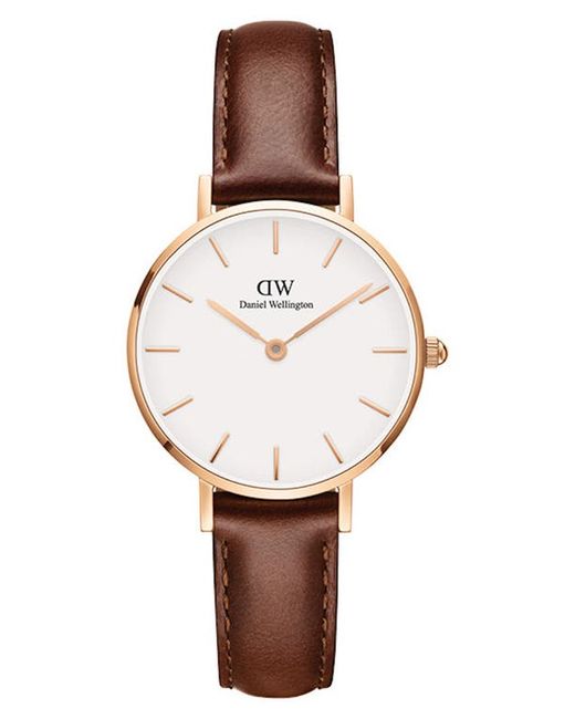 Daniel Wellington Classic Petite Leather Strap Watch 28mm in Brown/White/Rose Gold at