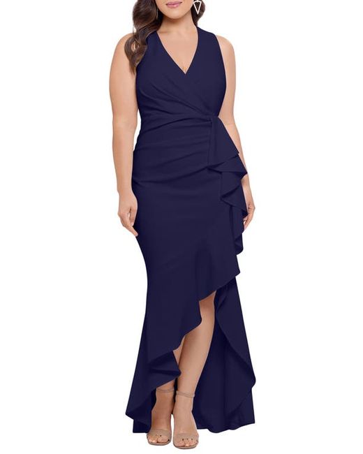 Betsy & Adam Sleeveless High-Low Ruffle Gown in at 14