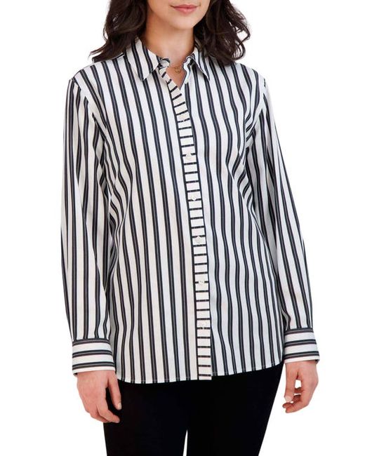 Foxcroft Stripe Long Sleeve Button-Up Shirt in Black at 1X