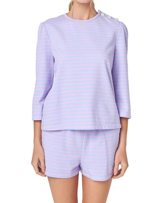 English Factory Puff Sleeve Breton Stripe Cotton Top in Lavender at X-Small