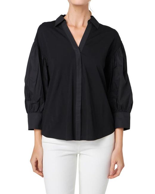 English Factory V-Neck Balloon Sleeve Button-Up Shirt in at X-Small