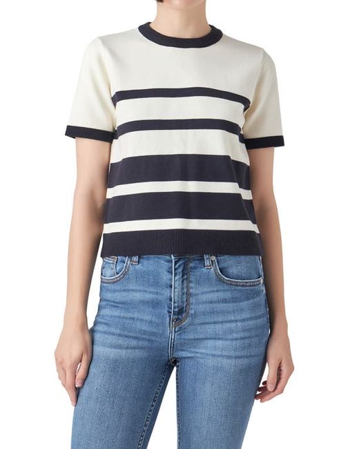 English Factory Stripe Short Sleeve Sweater in Ivory/Navy at X-Small
