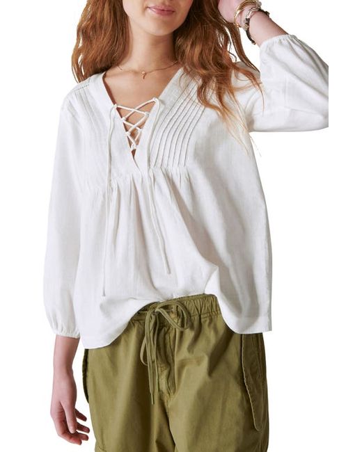 Lucky Brand Lace-Up Cotton Peasant Blouse in at X-Small