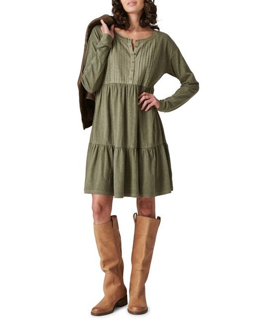 Lucky Brand Pintuck Long Sleeve Tiered Cotton Henley Dress in at X-Small