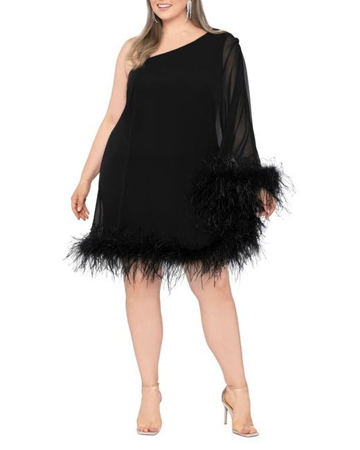 Betsy & Adam Feather Trim Single Long Sleeve Cocktail Dress in at 14W