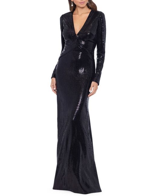 Betsy & Adam Shimmer Open Back Long Sleeve Gown in at 2