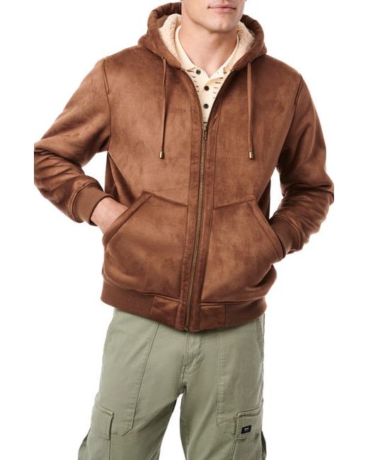Bernardo Faux Suede High Pile Fleece Lined Hooded Jacket in Camel/Cream at Small