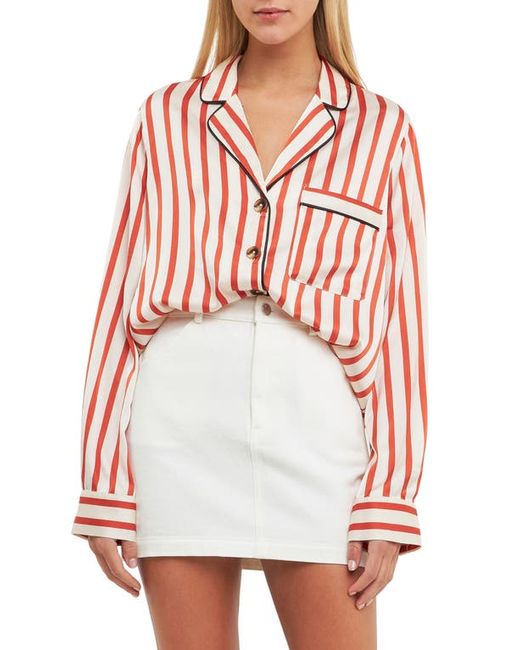 English Factory Striped Satin Button-Up Shirt in Cream/Burnt Orange at X-Small