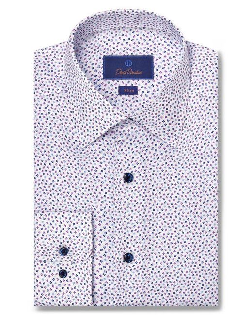 David Donahue Slim Fit Tossed Square Print Cotton Dress Shirt in White/Lilac at 14.5 32