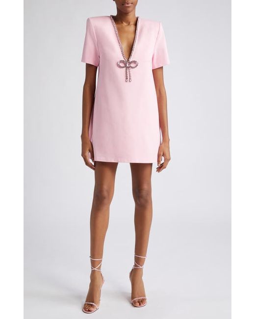 Area Crystal Bow V-Neck Ponte Knit T-Shirt Minidress in at Large